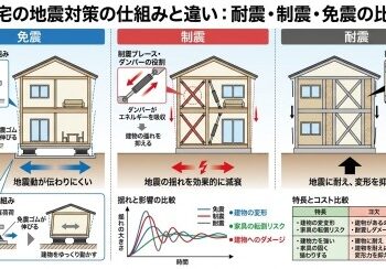 【耐震・制震・免震の仕組みを比較する図】