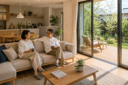 夫婦がコーヒーを飲みながらリビングでくつろぐ