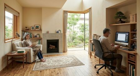 コンパクトな平屋の一角に、夫婦それぞれの小さな居場所がつくられているイメージ。片側に読書スペース、反対側に趣味やPC作業ができる場所など、「同じ家の中で、それぞれの時間を楽しめる」ことが伝わる広角写真。