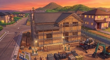 上棟が進み、屋根まで形づくられた夕方の現場。建物全体の輪郭が分かり、「一日の間でここまで形になった」ことが伝わる写真。