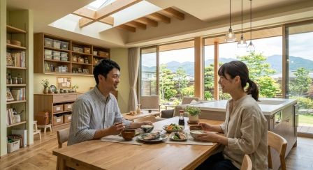 夫婦二人がダイニングで食事を楽しむシーン。大げさな演出ではなく、自然な会話と笑顔が感じられる住宅雑誌風の写真
