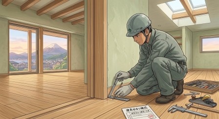 建具・壁・床などが接する部分を近めに撮影。隙間やラインがきれいに揃っている様子、職人が細かな仕上げを確認している場面など。「完成前だから見える丁寧さ」が伝わる写真。