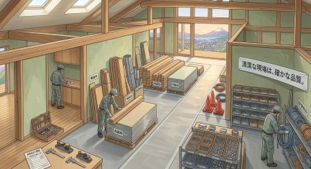 整理された施工現場。必要な道具や材料が整然と置かれ、通路が確保されている様子。職人が作業を終えた場所を確認・片付けている場面があれば理想的。明るく清潔感のある写真