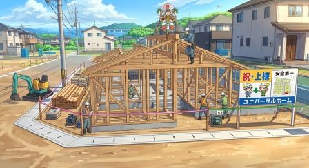 施工中の現場全景（棟上げ後）