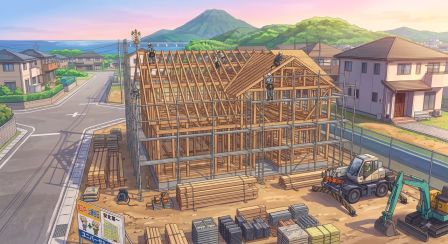柱や梁が組み上がっている上棟途中の現場。職人さんが作業する様子を少し離れた位置から撮影し、建物の大きさや構造が分かる広角・引き構図。