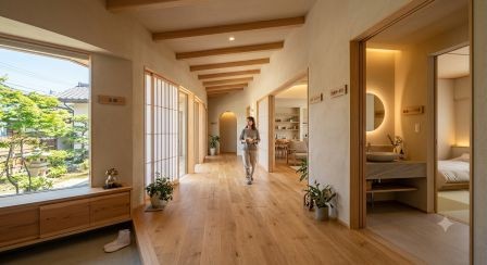玄関からLDK、洗面、寝室までが緩やかにつながる平屋の廊下空間