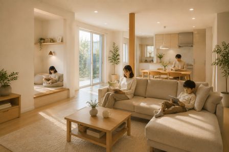 ソファやヌックなど、それぞれお気に入りの場所で思い思いに過ごす家族