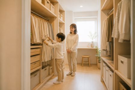 ファミリークローゼットで子どもが自分で服をハンガーに掛け、保護者が笑顔で見守る様子