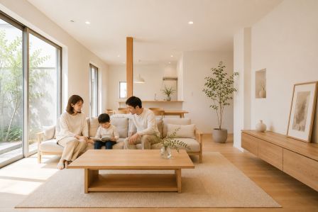 リビングで笑顔で過ごす家族。