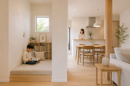 リビング横の小さなヌックで、子どもが絵本を読みながら穏やかに過ごしている様子