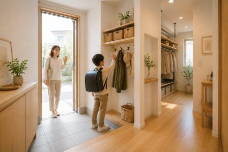 子どもが自分でランドセルを背負い、コートを掛け、保護者が笑顔で送り出す様子