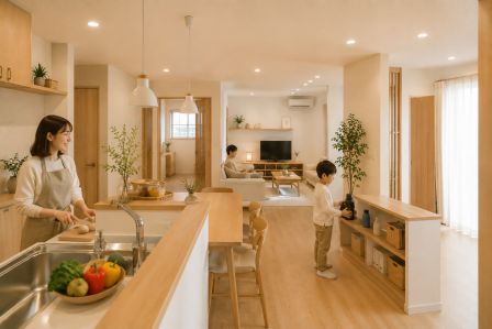 子どもが自分で水筒を片付け、保護者は夕食の準備をしている