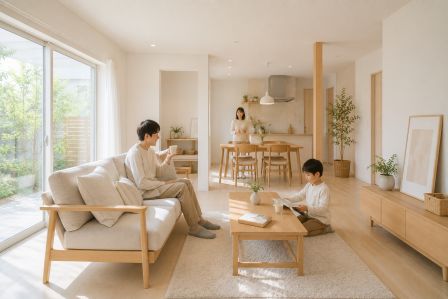 家族が穏やかに朝の時間を過ごしている様子