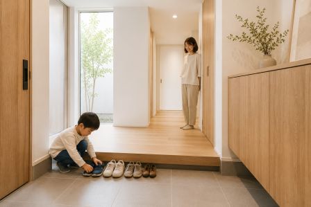 小さな子どもが自分で靴をそろえ見守る母親