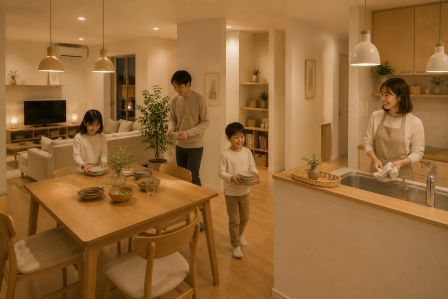 片付けを家族みんなで協力して行う様子。