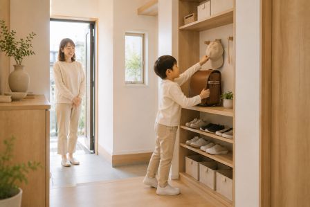 自分でランドセルを棚に置き、帽子をフックに掛ける子ども