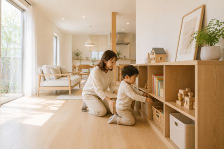 親子がおもちゃや絵本を一緒に片付けている様子