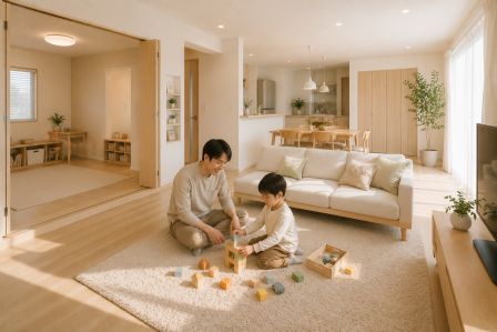 リビングで親子がブロック遊びを楽しんでいる様子。