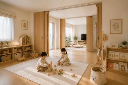 可動式の間仕切りを開けた子ども部屋。