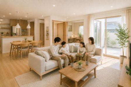 明るい自然光が差し込むナチュラルモダンなLDKで、家族4人が笑顔で団らんしている様子。